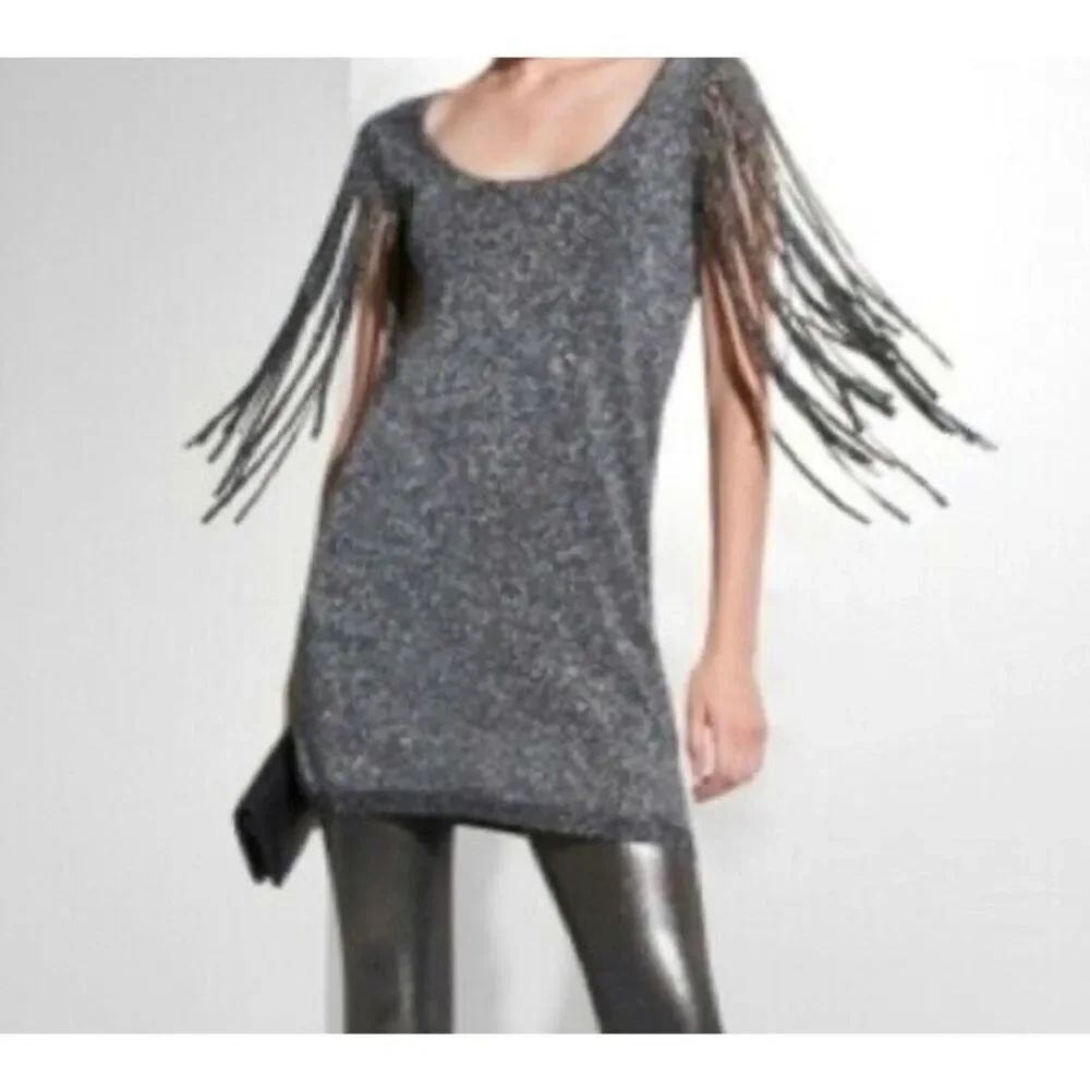 BCBG MAXAZRIA, women’s charcoal, gray, metallic fringe, mini dress M